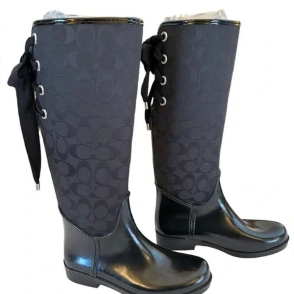 COACH Women's Tristee Rain Boots Whit Stylish Black Laces